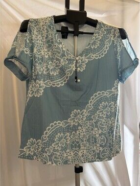 FLORAL LACE PRINT, SHORT SLEEVE BLOUSE